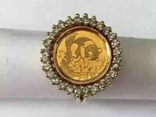 Round Lab Created Diamond "Chinese Panda Bear Coin" Ring 14k Yellow Gold Plated