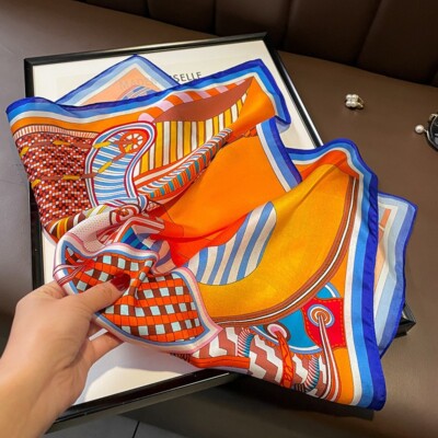 100% Silk Scarf Women Small Bandana Fashion Orange Saddle  display picture 3
