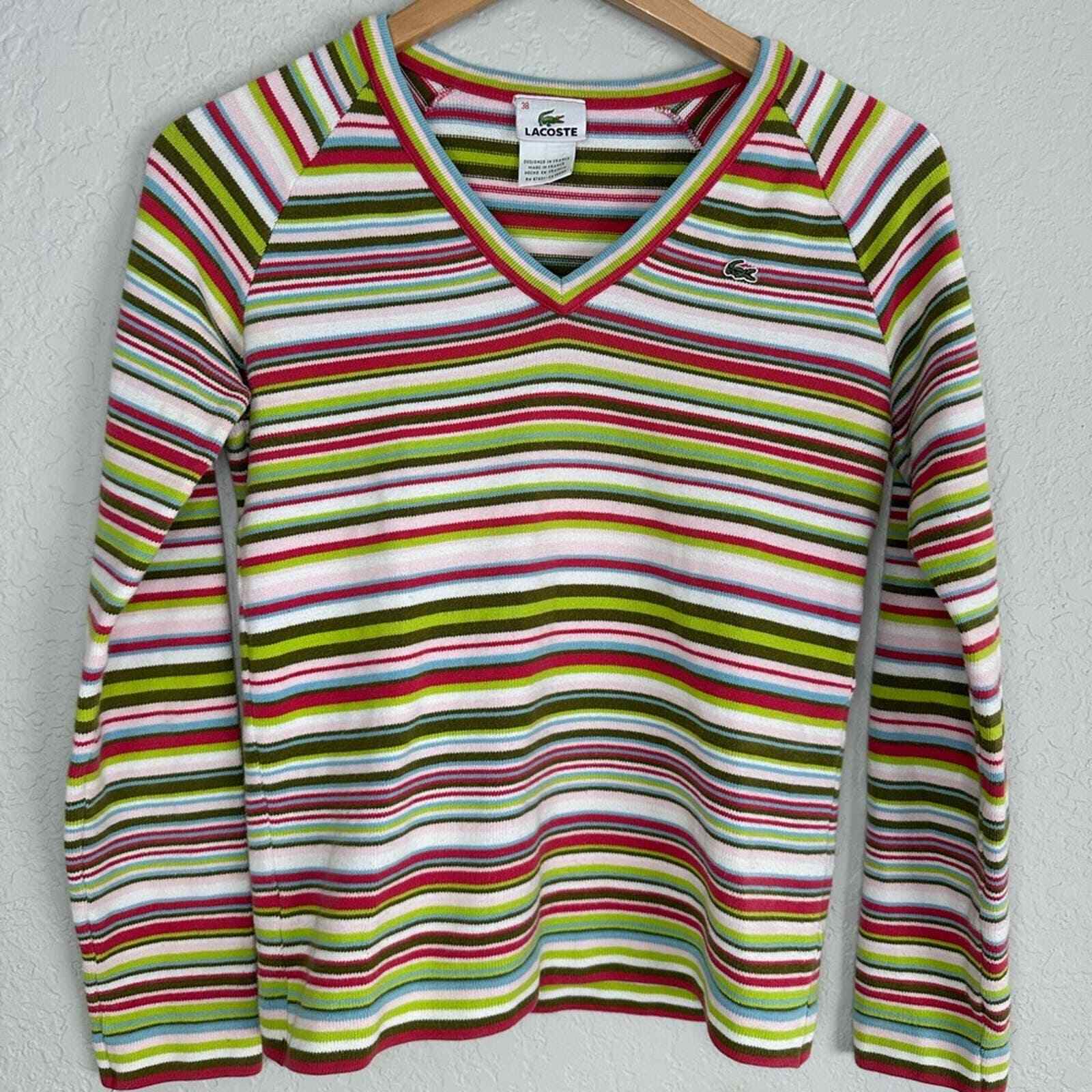 Lacoste Striped V Neck Sweater Pink Green Size 38… - image 1