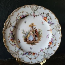 Antique Meissen Deep Plate Courting Couple Romantic Scene Floral Design 8.75"