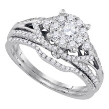 14kt White Gold Womens Round Diamond Cluster Wedding Engagement Ring Set 3/4ctw