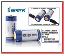 2 batterie ricaricabili litio R CR123A 3v 860mAh 2580mWh pile 123 a ricarica USB