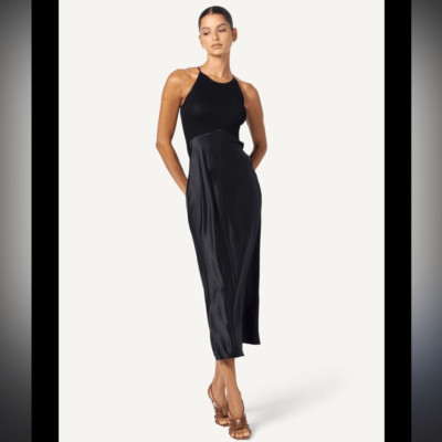 New SABLYN CLARA MIXED MEDIA MIDI SILK DRESS | BLACK XS