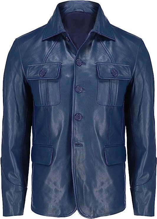 Men's Blue Leather Blazer 100% Real Lambskin Four Button Classic Jacket Outwear