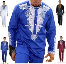 African Embroidered Dashiki 2-Pc Top Pants Set Blue, red white or black