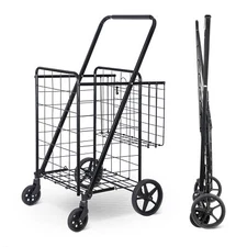 Folding Shopping Cart Rolling Trolley Utility 2 Basket W/Wheel for Laundry Black