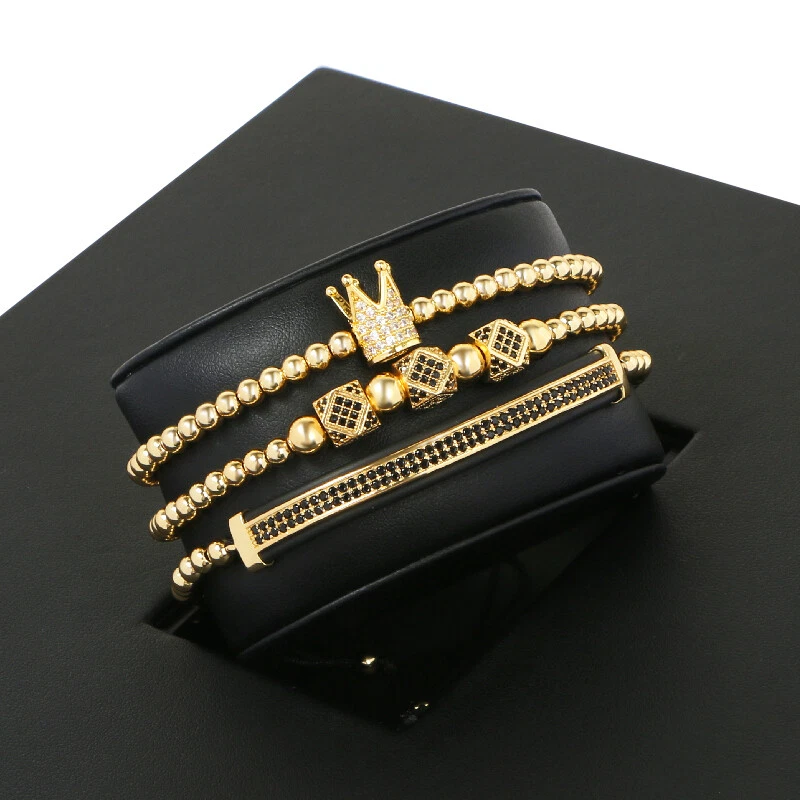 3 piezas pulseras de lujo con corona de circonita cúbica King para hombres y mujeres con dije pulseras joyas Foto 3 de 4