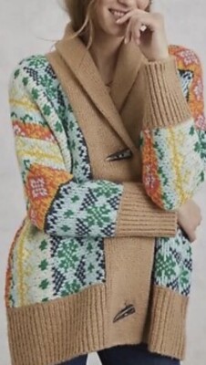 120 Anthropologie Carlotta Shawl Patched Fair Isle Cardigan Size XS Small