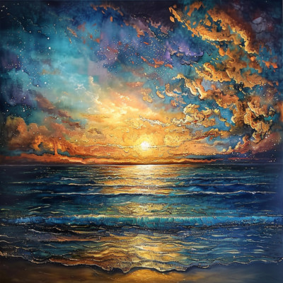 Ozean & Sonnenaufgang Ölgemälde Luxus Leinwand Wandbild Bild Druck bunt