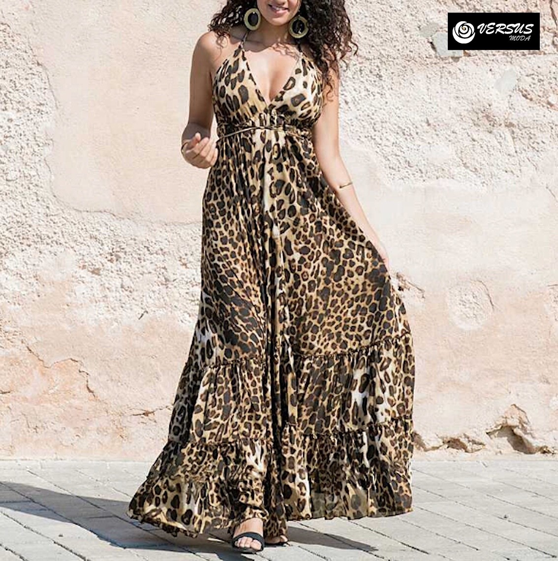 Vestito Lungo Donna Fantasia Animalier Schiena Nuda Woman Maxi
