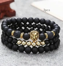 3pc Lava Rock Lion Gold Color Bracelet Men Women Handmade Natural Stone Beads