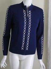 St.John Sport Sz S Blue White Santana Knit Zip-Up Jacket Blazer Sweater