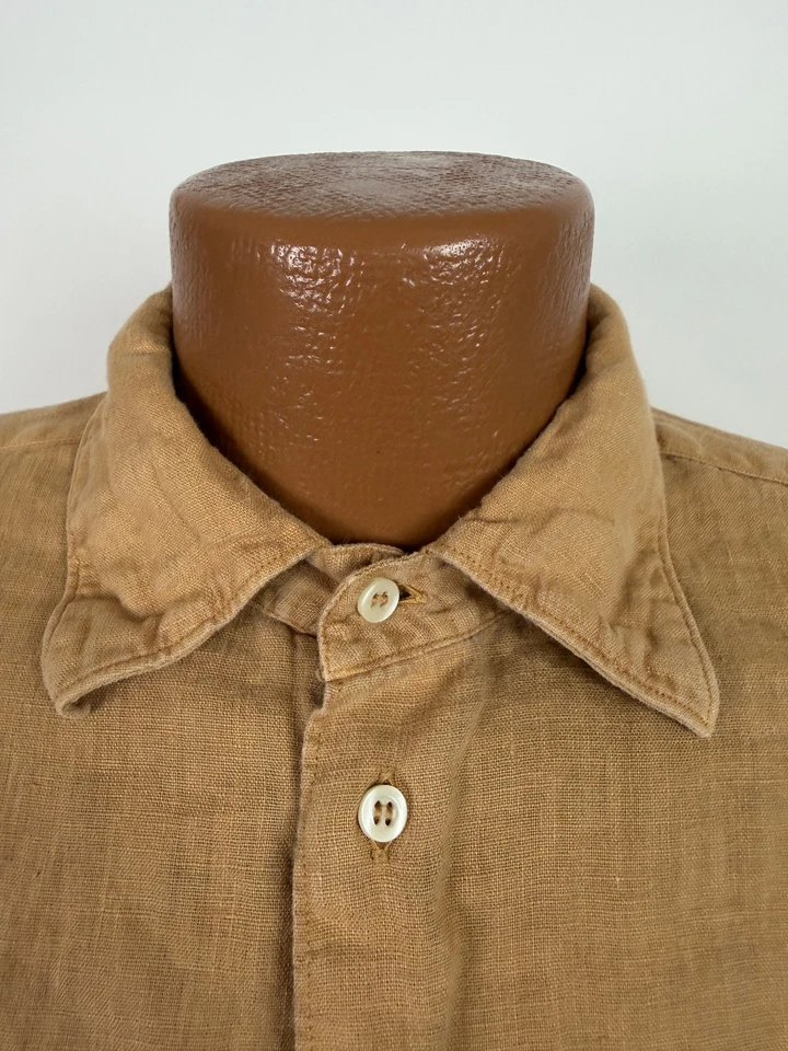 Винтажная льняная рубашка мужская большая желтовато-коричневая минимальная на пуговицах курортная повседневная опрятная Италия - Изображение 3 из 4