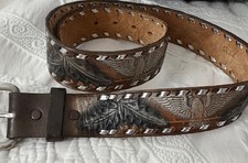 Americana Western Leather Belt Embossed Tooled Painted Eagle Leaves 30 Brown