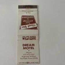 Dream Motel Highway 34 West Fairfield IA Vintage Matchbook Cover TMB41-5