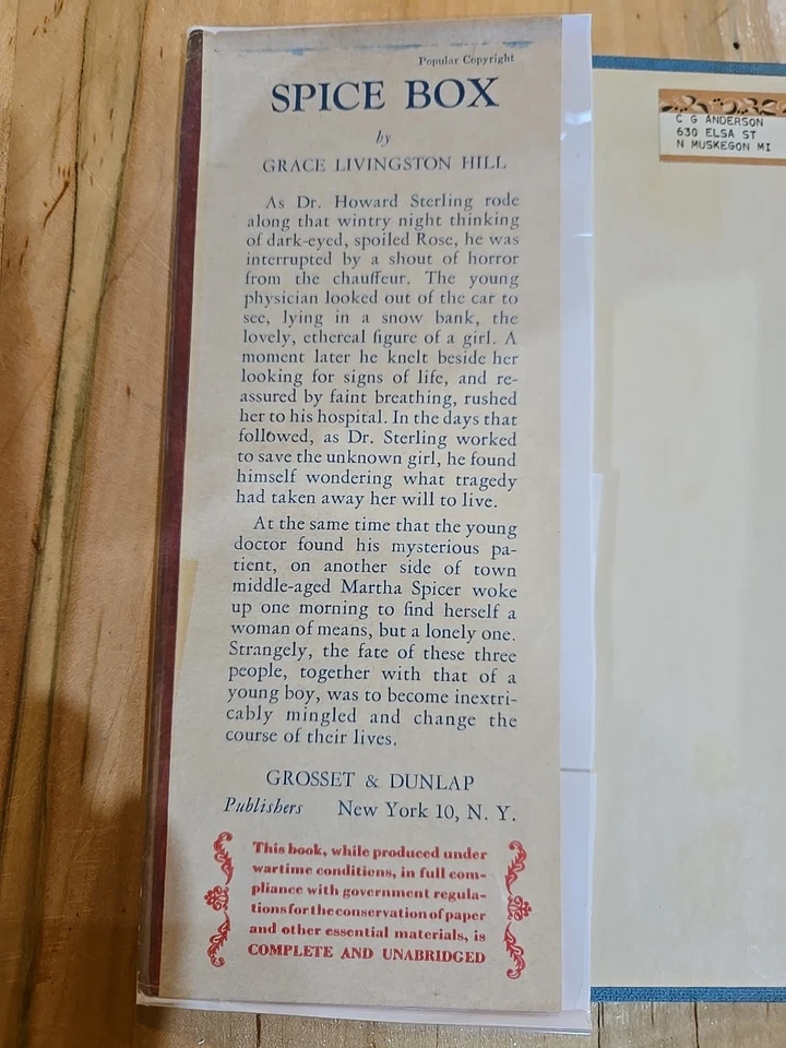 VTG SPICE BOX ©1943 Christian Romance Novel GRACE LIVINGSTON HILL HC DJ - Image 4 of 4