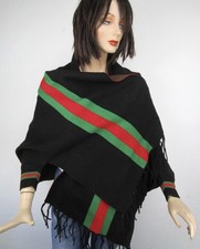 WOMEN'S NEW BLACK RED WOOL BLEND SHAWL WRAP CAPE W/ SLEEVES