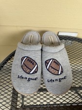 Life is Good Men's Gray Slippers Brown Emb Football Sz L 11-12 Slip-on