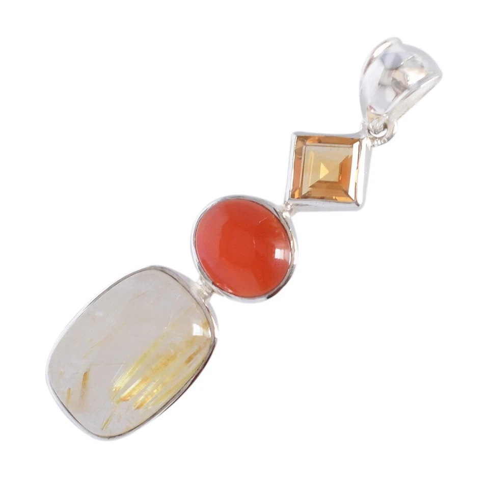 Ciondolo quarzo rutilo dorato naturale argento sterling corniola citrino... - Immagine 2 di 4