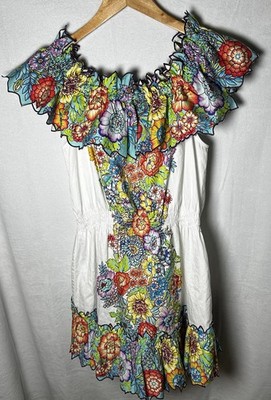 Boston Proper Off Shoulder Bohemian Floral Ruffle Cotton A-Line Short Dress L