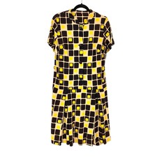VTG 70s Drop Waist Shift Dress Womens Apx Sz L Short Sleeve Yellow Brown Squares