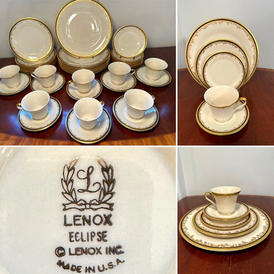 Vtg Lenox ECLIPSE Cream Gold Black Porcelain 40 Piece Set/Dinner Service for 8