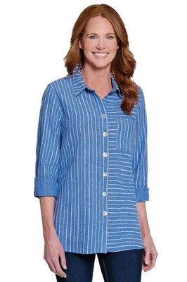 Ali Miles Pacific Blue Printed Dot Stripe Tunic Linen Blend PM NWT $79
