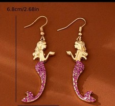 Beautiful Long Mermaid Earrings, Goldtone W/pink Rinestones On Tail. 2.63"