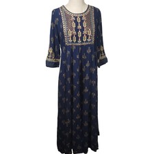 AVAASA sz L Navy Blue Gold Embroidered Boho Ethnic Dress 3/4 Sleeve