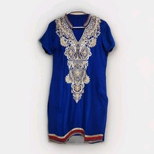 Embroidered Kaftan Dress Blue Gold Bling Jewels Vibrant Pearl