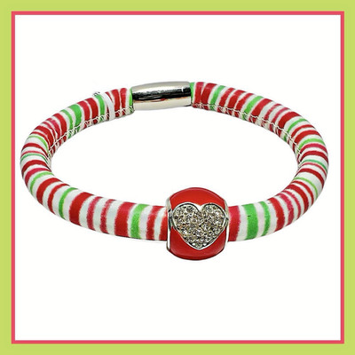 BRIGHTON RED GREEN CANDY STRIPE WOODSTOCK Charm Bracelet BLISSFUL HEART Bead NWT