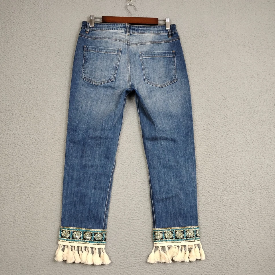 Jeans feminino Catherine Malandrino 8 azul tornozelo corte borla bainha jeans stretch - Imagem 3 de 4