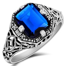 2CT Treated Blue Sapphire 925 Sterling Silver Vintage Style Ring Sz 9 XB3-5