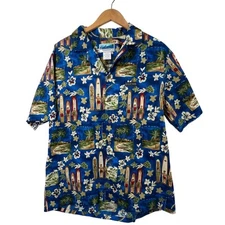 EXCELLENT of HAWAII 100% Cotton Hawaiian Shirt with Surfboards, Surfers Men's L