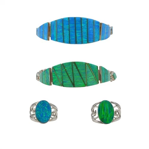 VINTAGE BLUE GREEN OPAL LINK BRACELET RING SUITE LOT 950 STERLING SILVER MEXICO