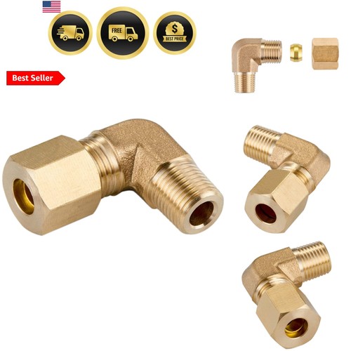 4 Pack Metal Brass Compression Tube Pipe Fitting Connector, 90 Degree Elbow A...