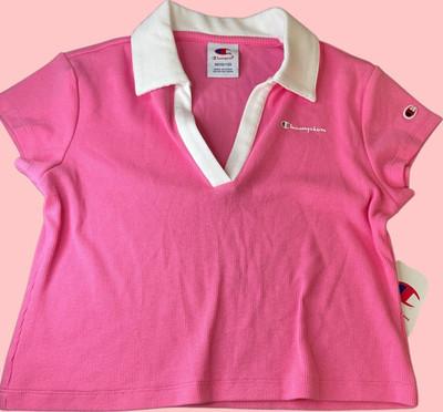 Champion Girls Pink & White Solid Polo Shirt Short Sleeve Logo Size 10-12