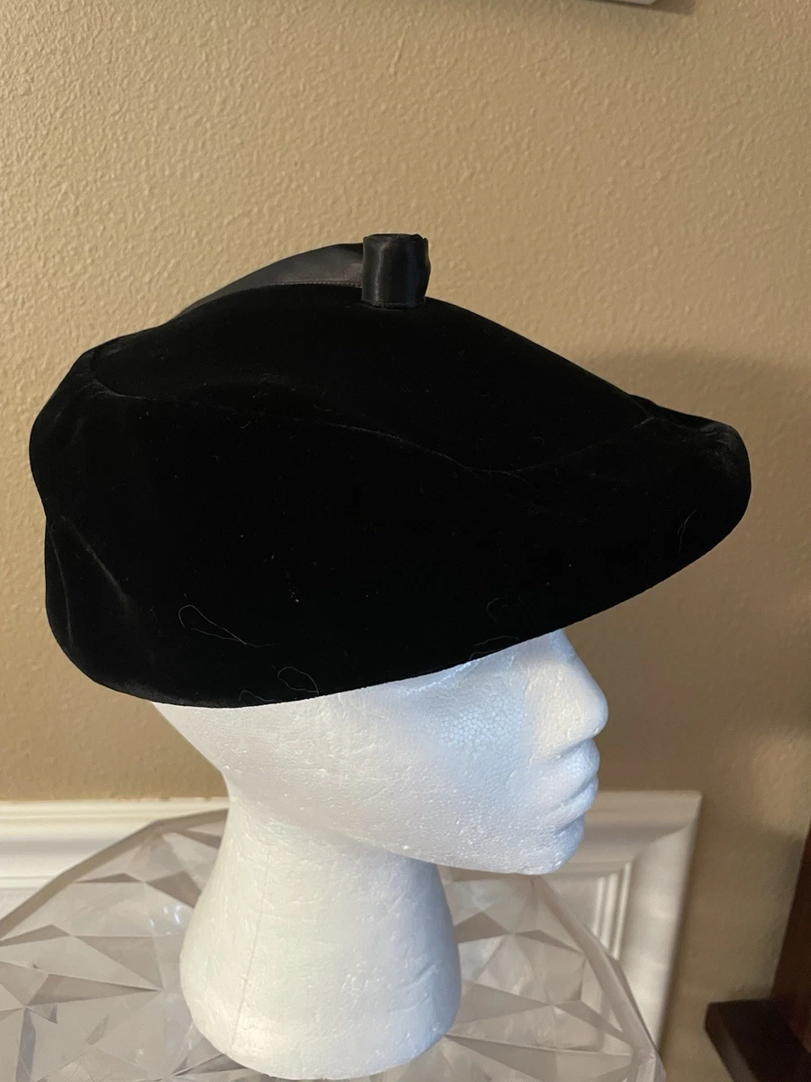 Vintage Hat Black Velvet Beret Nylon Lined 8\