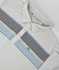 Travis Mathew Golf Polo Shirt Mens XL White Grey Blue Green Striped Short Sleeve