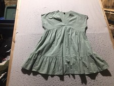 Shein Blouse Dress Womens L Large Green Pleated Wide Bottom V Neck Layer Short