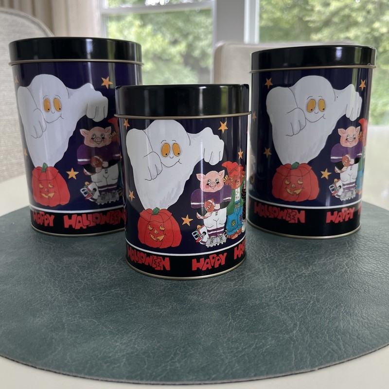 Vintage Halloween 1992 3 Piece Nesting Tin Canister Set 6 In, 5 1/2 in, 5 In 