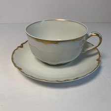 Haviland Limoges France Tea Cup Saucer Set White Gold Encrusted Scalloped Edge