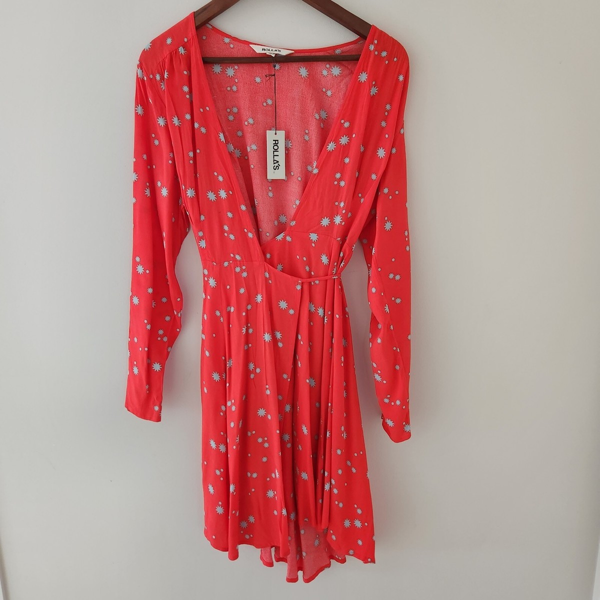 NEW Rollas 12 Red Long Sleeve Wrap Dress Stars Christmas Dress