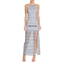 US$98 AQUA Tea-Length Maxi Summer Dress Navy White Lace Overlay Halter Neck L