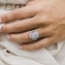 Vintage Art Deco 2.9Ct Oval Cut CZ Halo Wedding Engagement Ring in 925 Silver