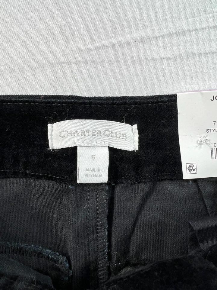 Pantalones de terciopelo Charter Club para mujer talla 6 negros suaves pierna ancha 2 bolsillos nuevos Foto 3 de 4