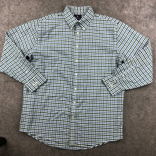 Stafford Shirt Men XL 17 Blue Green Gingham Check Long Sleeve Preppy