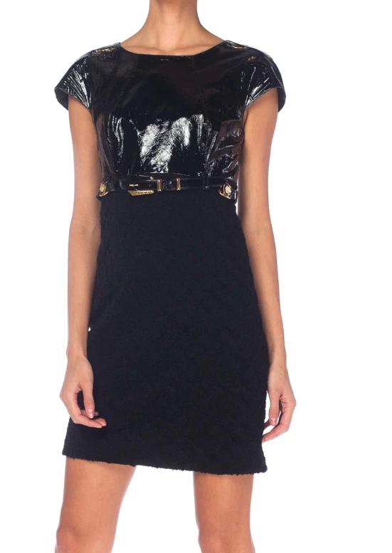 Vintage Gianni Versace Couture Fall 1994 Black PVC Boucle mini dress Sz 6 US - Image 2 of 4