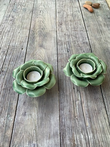 2 CHINESE MAJOLICA CERAMIC POTTERY GREEN FLOWER CANDLE HOLDERS, GLOSSY GLAZED - Picture 3 of 11