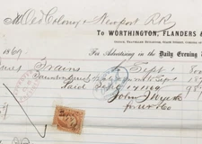 1856 Old Colony & Newport RR Receipt Stamped Billhead Daily Evening Traveller
